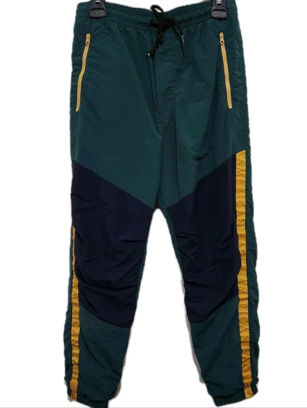 American Eagle Men's S Green Black Yellow Nylon Colorblock Stripe Jogger (Flaw)